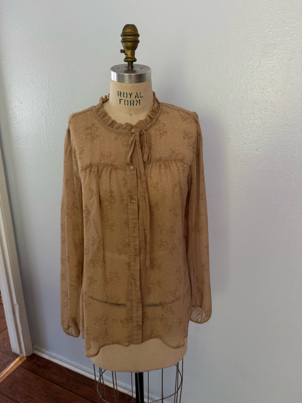 Forever 21 Tan Ruffle-Neck Tie Blouse